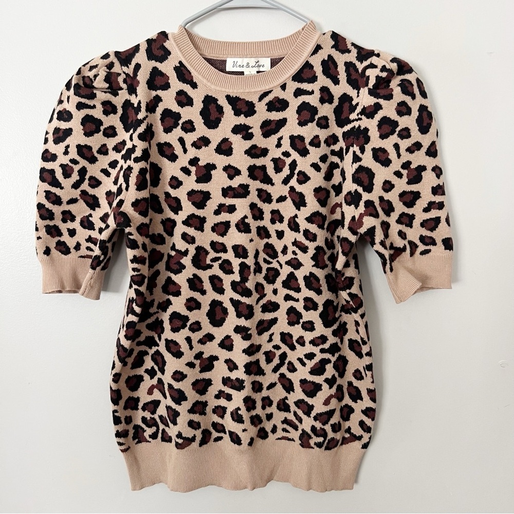 Vine & Love Leopard Print Short Puff Sleeve Sweater Large Brown Tan Animal Chic - Picture 9 of 9